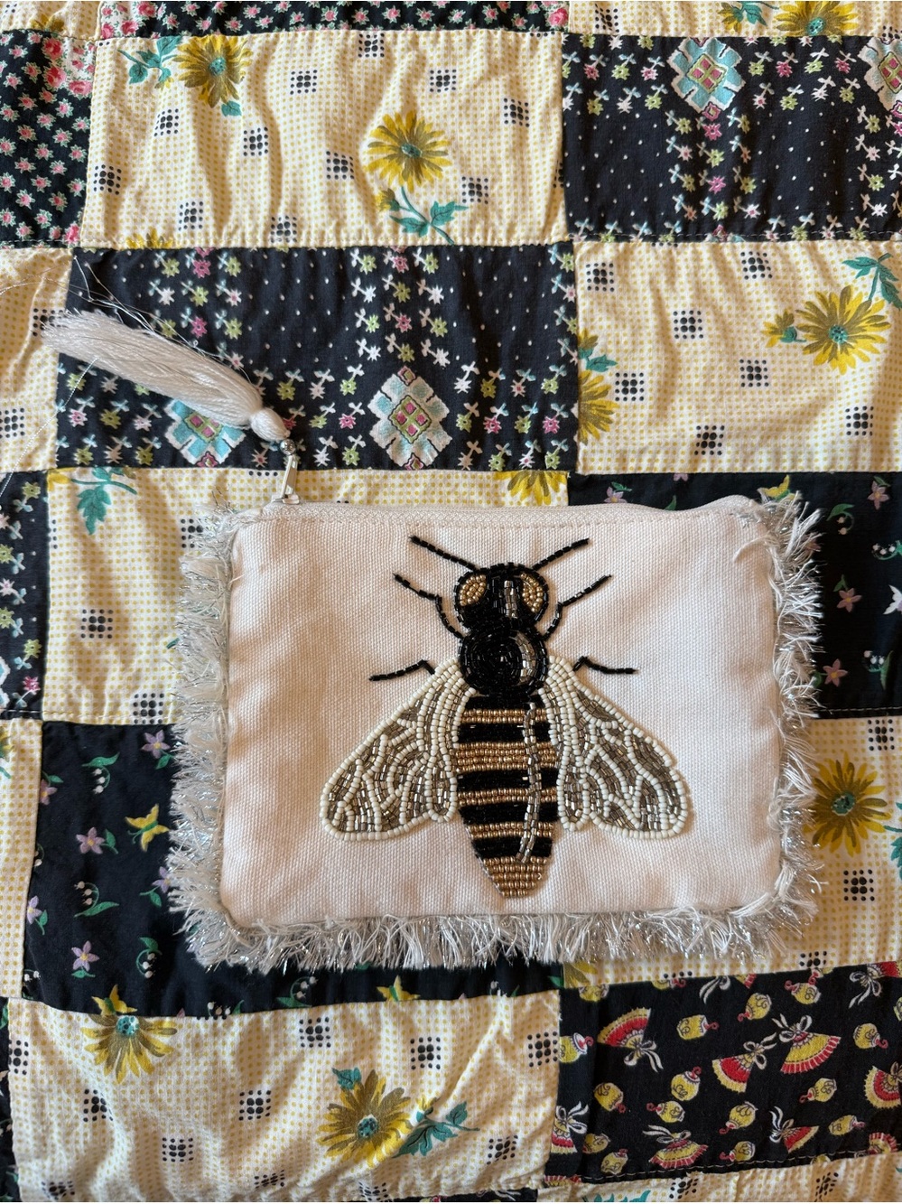 Beaded Bee Clutch in Cream and Black